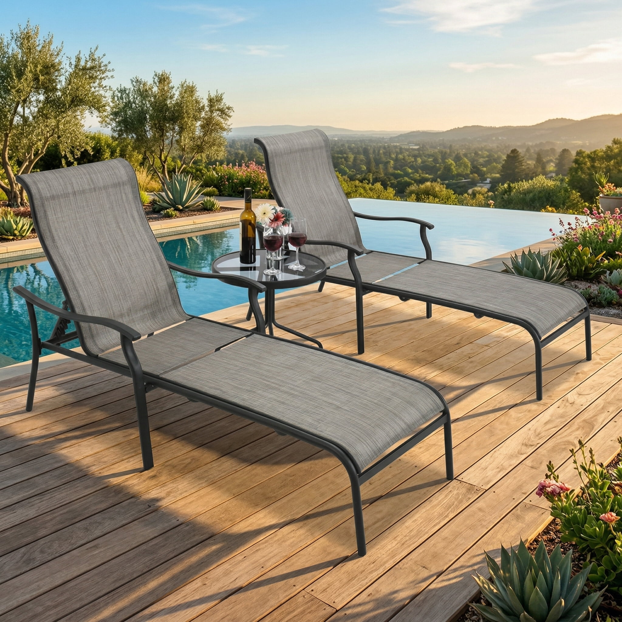T-Chill Outdoor Living 3-Piece Adjustable Ergonomic Pool Lounge Set, Patio Chaise Lounge Chair with Glass Coffee Table, Grey