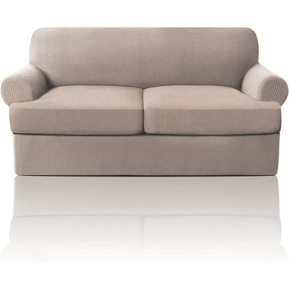 T Cushion Loveseat Slipcover 3 Pieces Sofa Covers for T Cushion Sofa Stretch Slip Covers for 2 Cushion Couch with 2 Individual T Shape Seat Covers Width Up to 72" - Washable, Sand