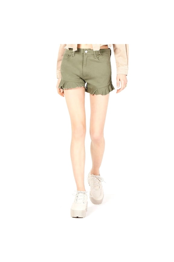 T.D.C Womens Ruffle Casual Denim Shorts, Green, 2