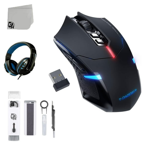 T-DAGGER Wireless Gaming Mouse - Ergonomic, 7 Silent Buttons, 5 Adjustable DPI - USB Cordless for PC and Laptop with Cleaning Kit + Gaming Headset BOLT AXTION Bundle.