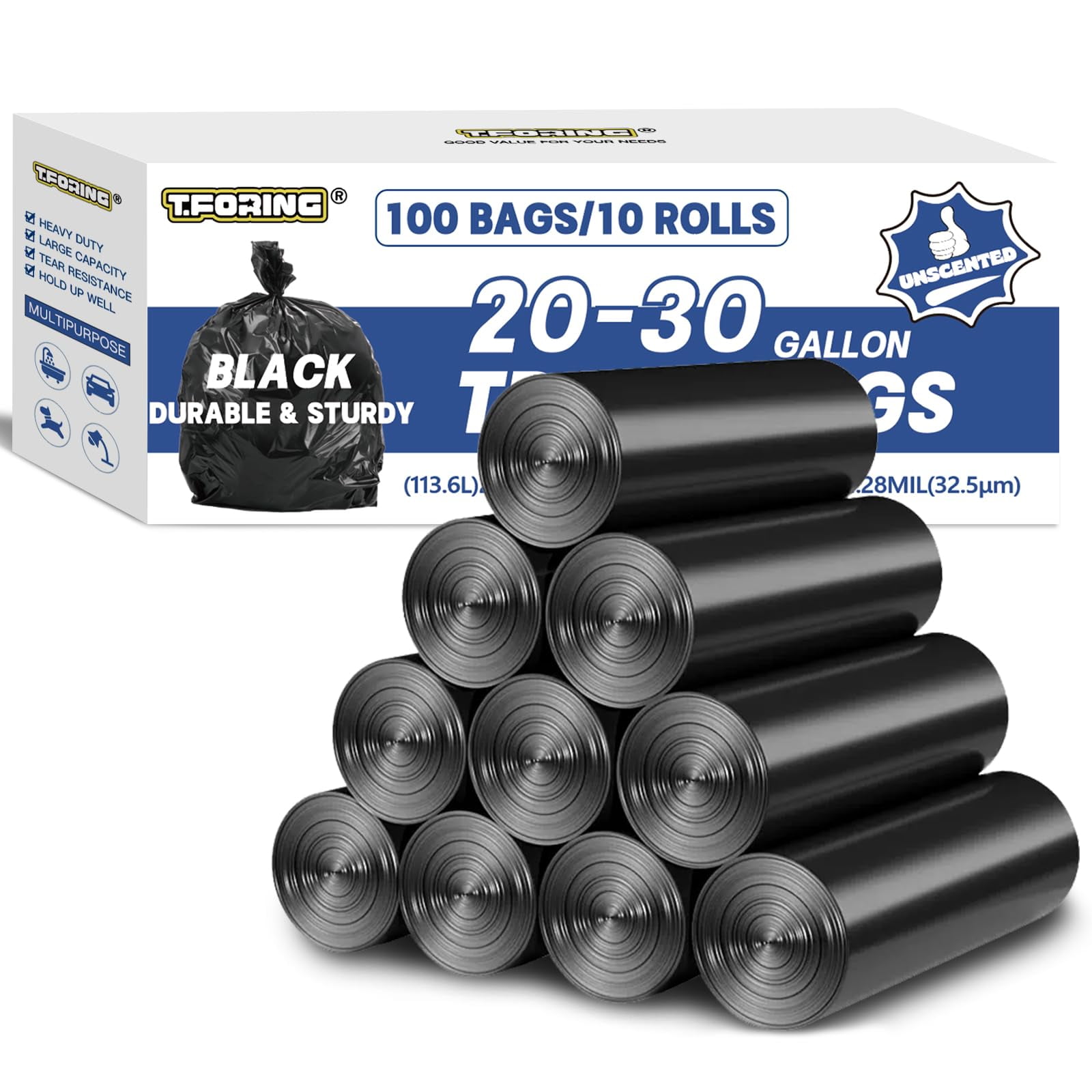 T.FORING 20-30 Gallon Trash AIF9 Bags Black - 1.28 Mil Thick,30" x 35" Large Garbage Bags 100 Count20+ Gallon Heavy Duty Trash Can Liners Unscented for Kitchen Home Office Commercial Outdoor