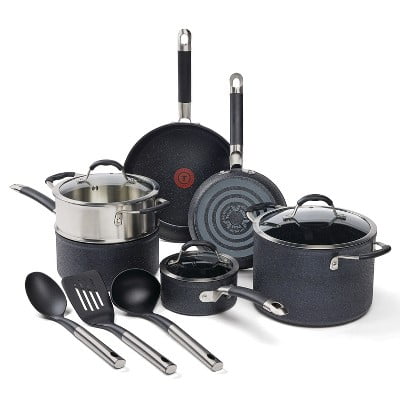 T-Fal 12pc Stone Force Cookware Set: Nonstick, Dishwasher & Oven Safe, Stainless Steel Handles, Glass Lids, Black