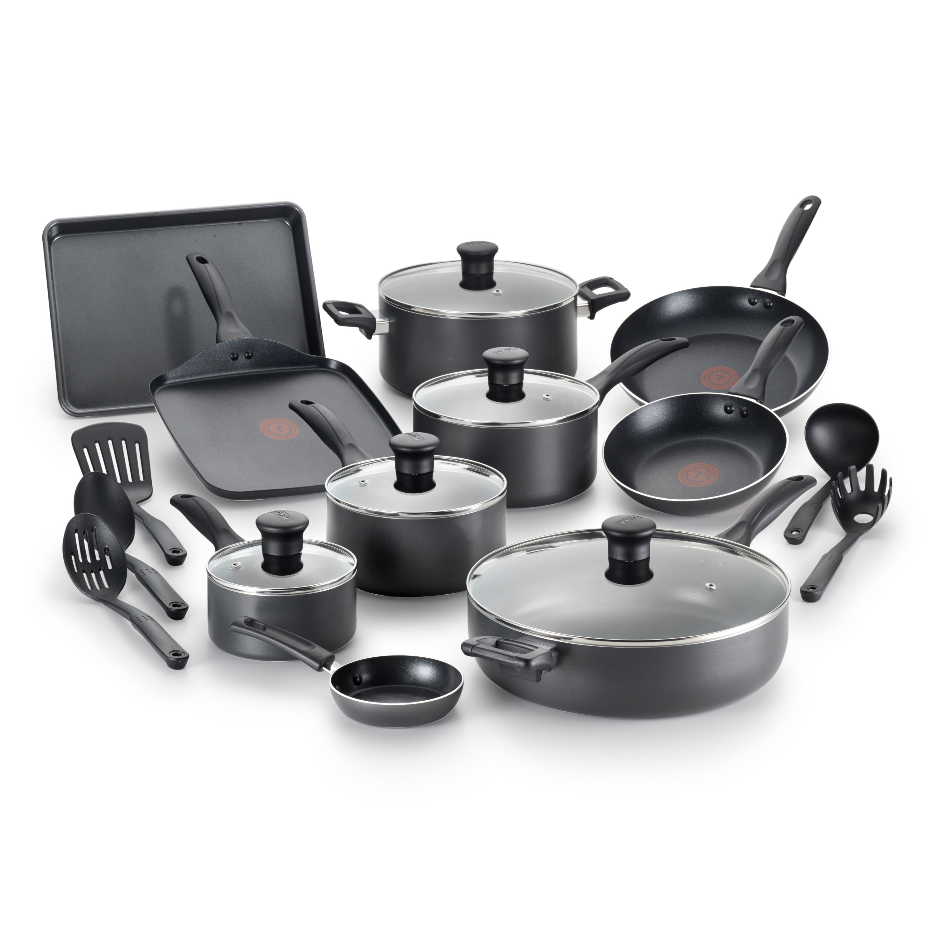 T-Fal 18-Piece Nonstick Assorted Cookware Set Including Nonstick Pots and  Pans Plus Measuring Tools, Utensils and a Steamer, Grey (New Open Box) 