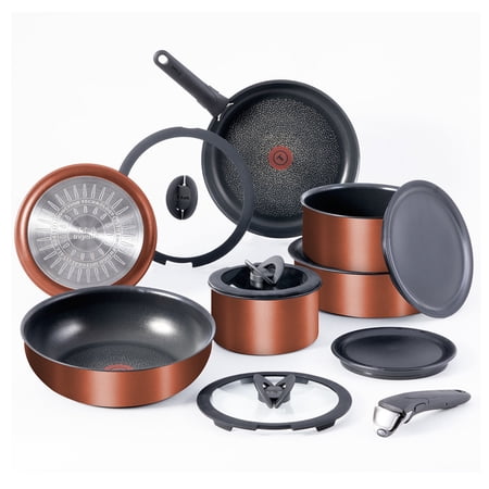T-fal Ingenio Expertise 14 Piece Nonstick Cookware Set, Induction Oven Safe 500F, Pots and Pans, RV, Detachable Handle, Copper