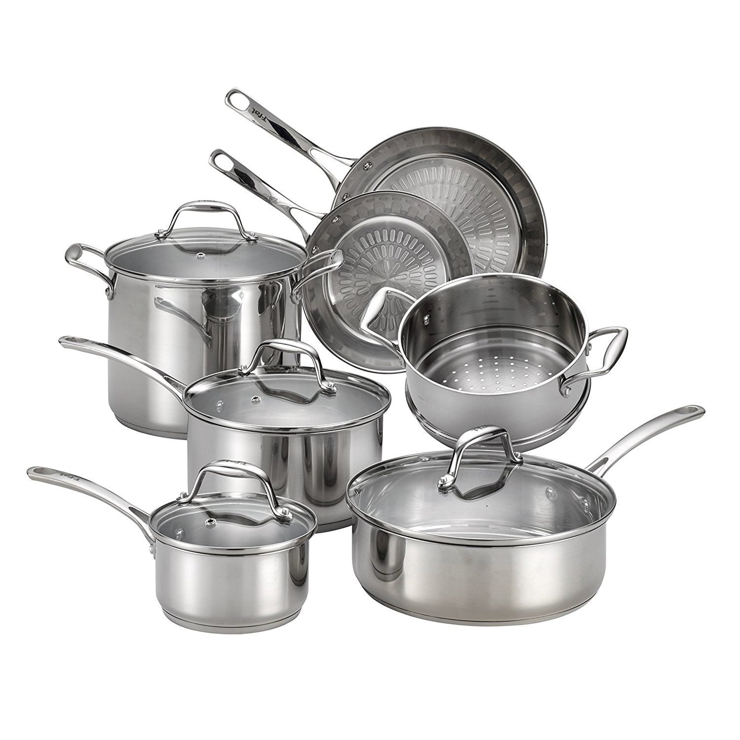 T-fal Stainless Steel Cookware Set 11 Piece Induction, Pots and Pans,  Dishwasher Safe