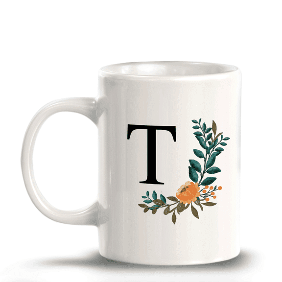 T Floral Pattern 11oz Ceramic Coffee Mug | Initial Personalized Gift