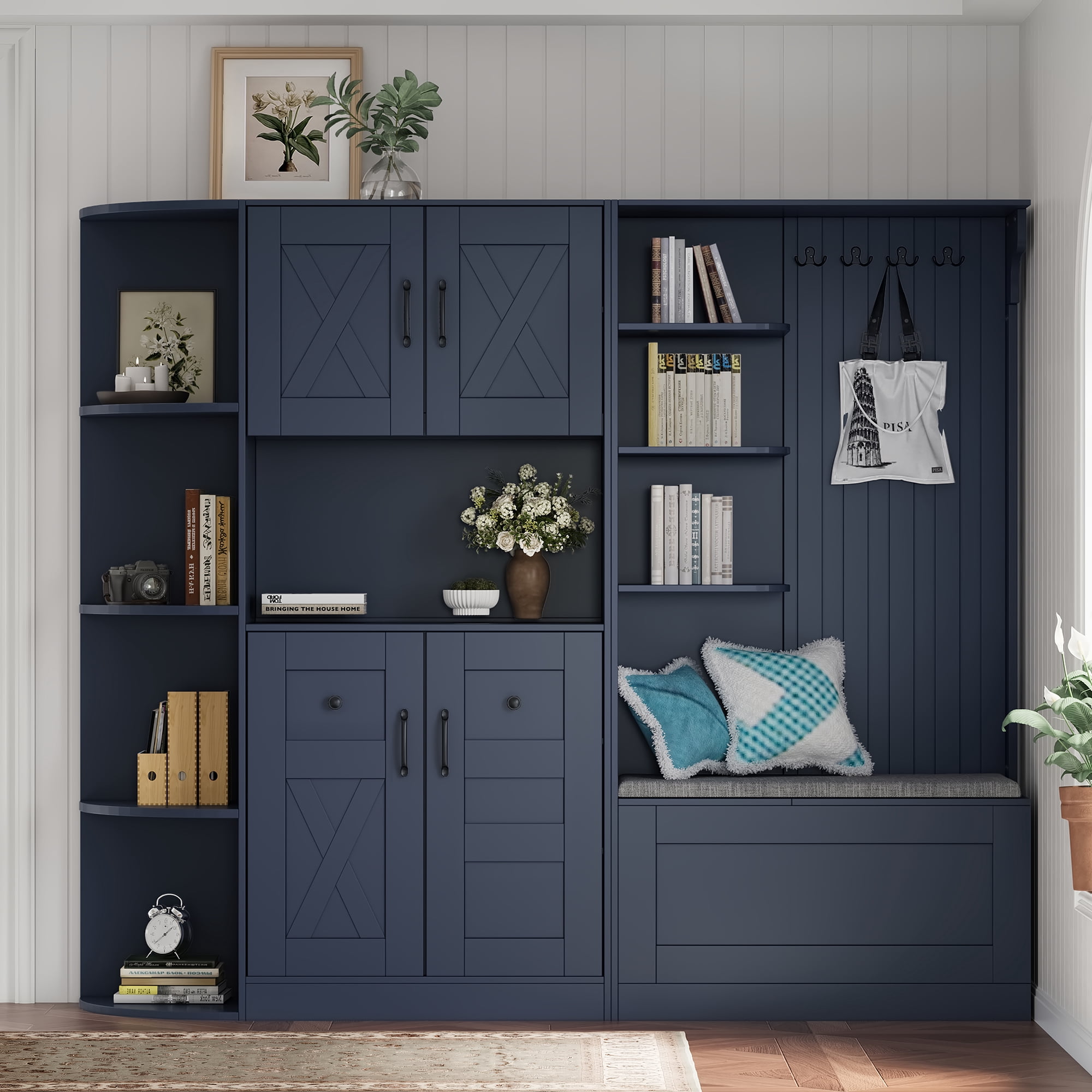 T-Foyer Farmhouse Antique Blue Detachable Hall Tree with 4 Hooks & Bench, Wooden Rustic Entryway Organizer with Open Storage & 2 Cabinets