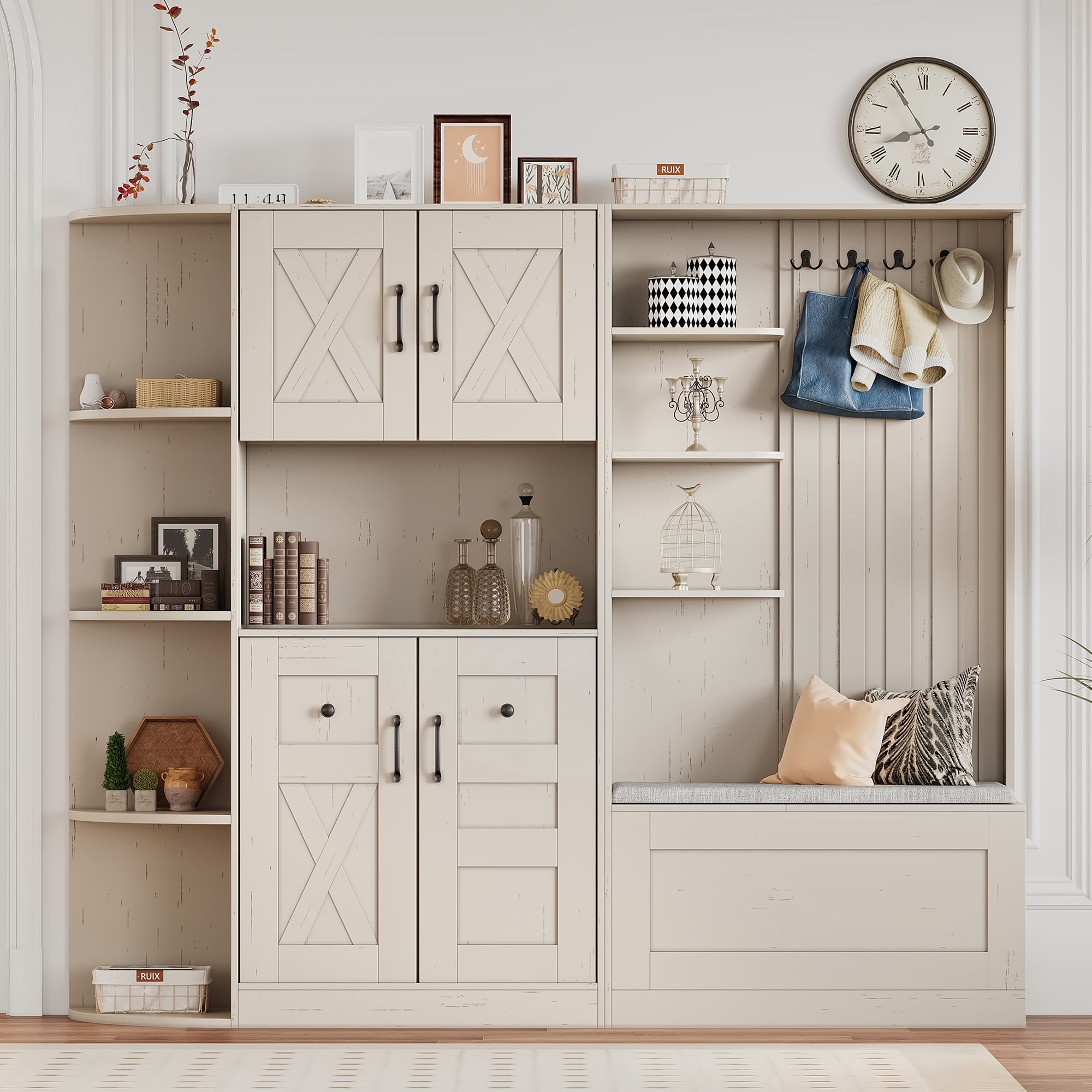 T-Foyer Farmhouse Beige Detachable Hall Tree with 4 Hooks & Bench, Wooden Rustic Entryway Organizer with Open Storage & 2 Cabinets