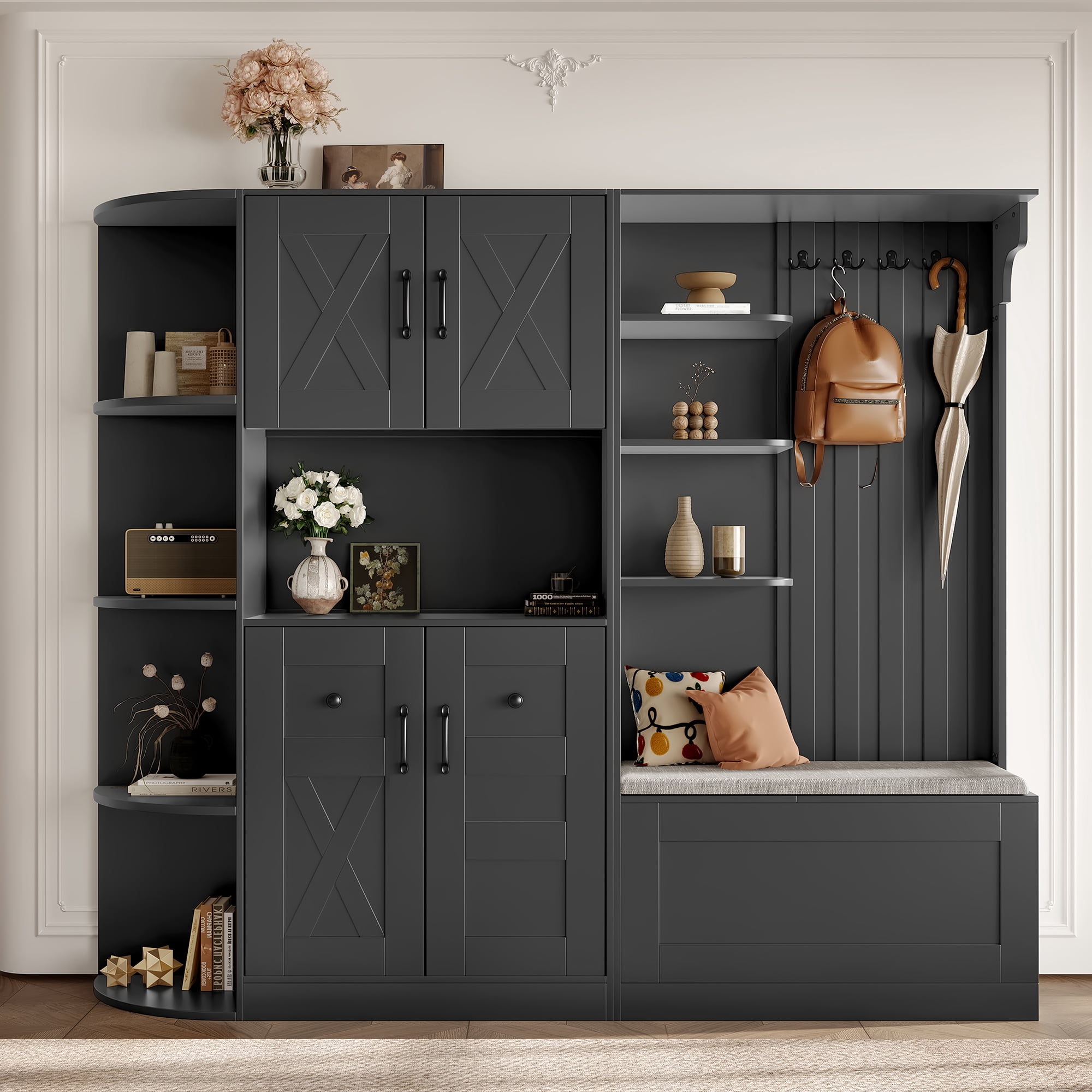 T-Foyer Farmhouse Black Detachable Hall Tree with 4 Hooks & Bench, Wooden Rustic Entryway Organizer with Open Storage & 2 Cabinets