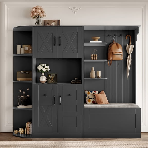 T-Foyer Farmhouse Black Detachable Hall Tree with 4 Hooks & Bench, Wooden Rustic Entryway Organizer with Open Storage & 2 Cabinets