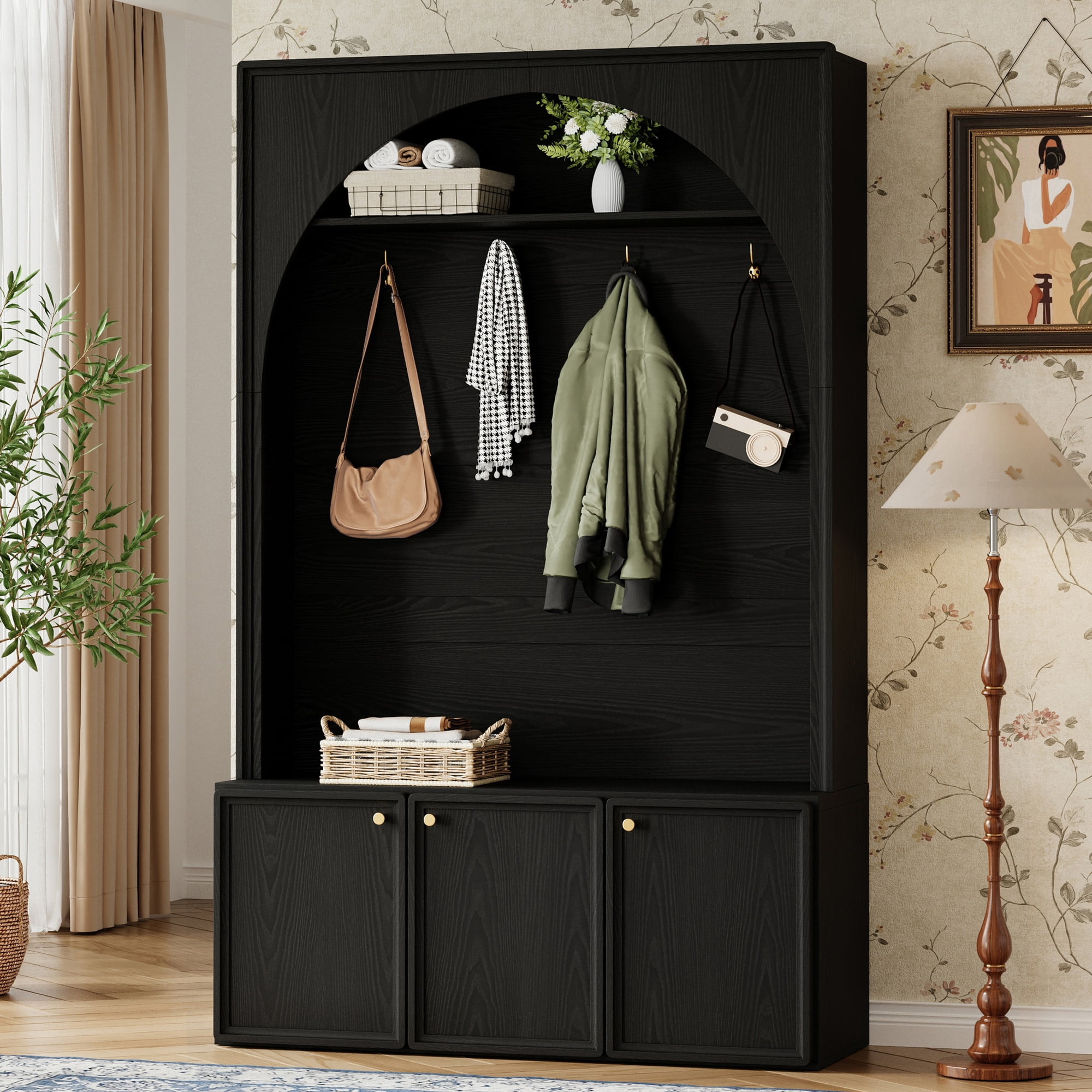 T-Foyer Farmhouse Black Hall Tree with 4 Hooks & 3 Cabinets, Wooden Rustic Entryway Organizer with Open Storage