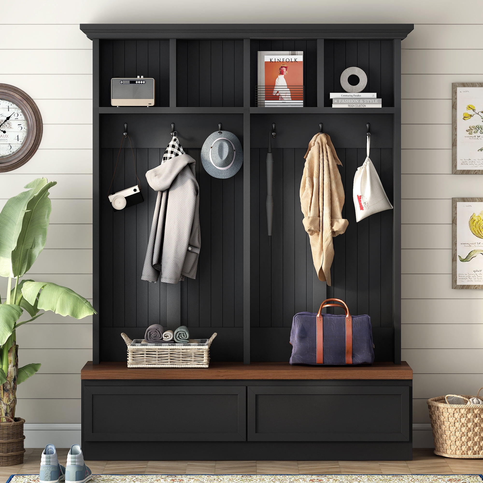 T-Foyer Farmhouse Black Hall Tree with 6 Hooks & Bench, Wooden Rustic Entryway Organizer with Open Storage & 2 Drawers