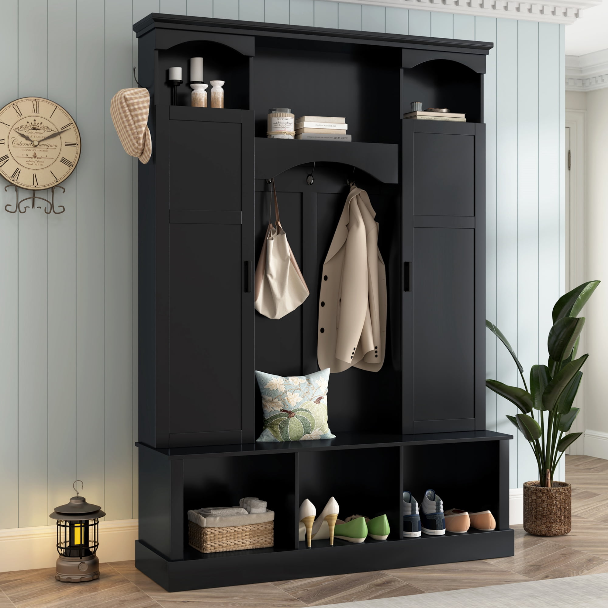T-Foyer Farmhouse Black Hall Tree with 7 Hooks & 2 Cabinets, Wooden Rustic Entryway Organizer with Open Storage & Adjustable Shelves
