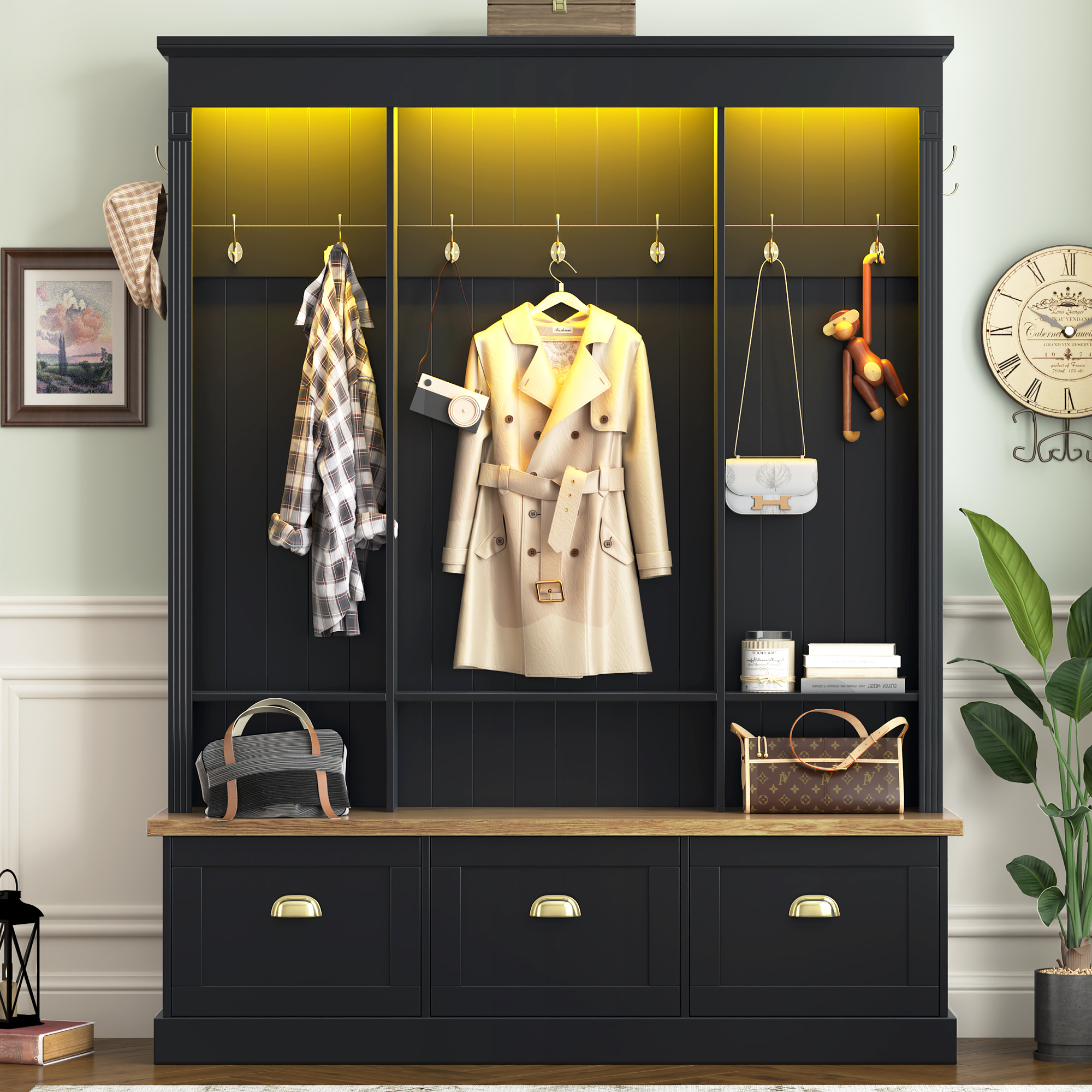 T-Foyer Farmhouse Black Hall Tree with 9 Hooks & APP Controlled LED Light, Wooden Rustic Entryway Organizer with Bench & 3 Cabinets