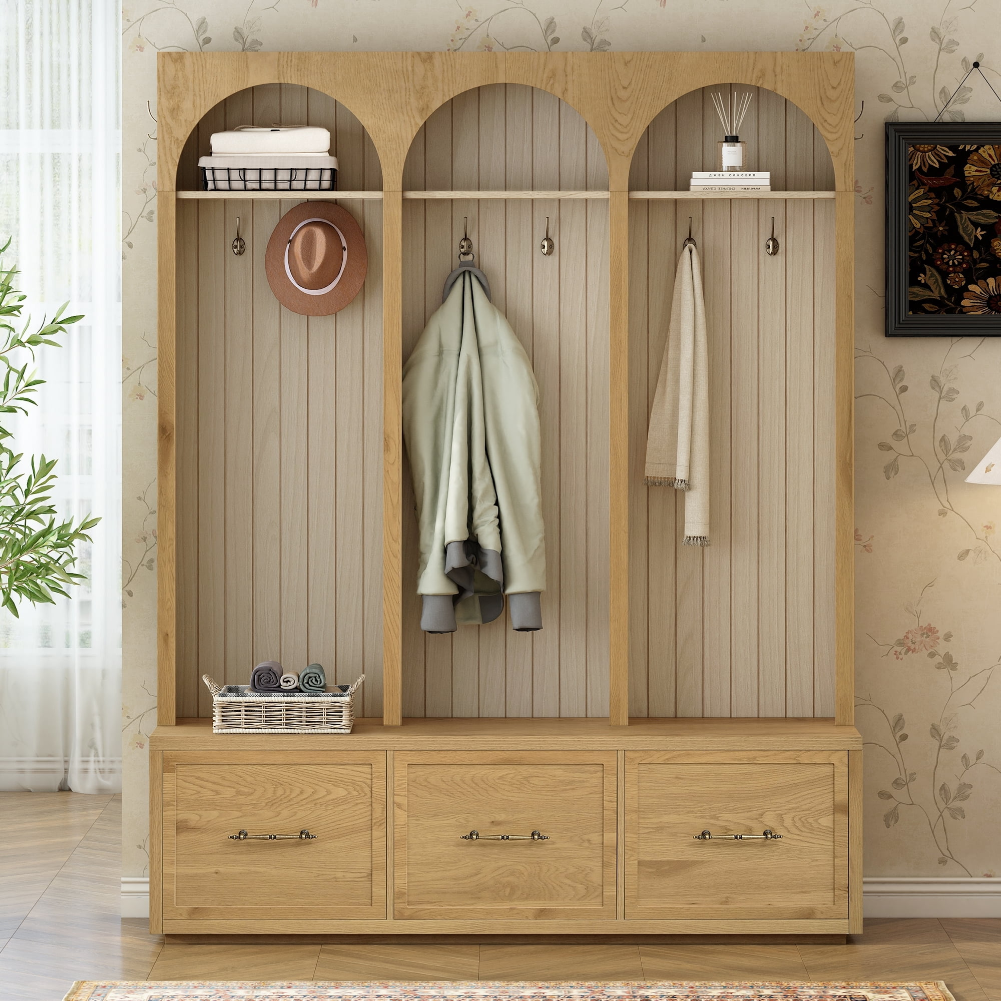 T-Foyer Farmhouse Natural Hall Tree with 8 Hooks & Arched Design, Wooden Rustic Entryway Organizer with Open Storage & 3 Drawers