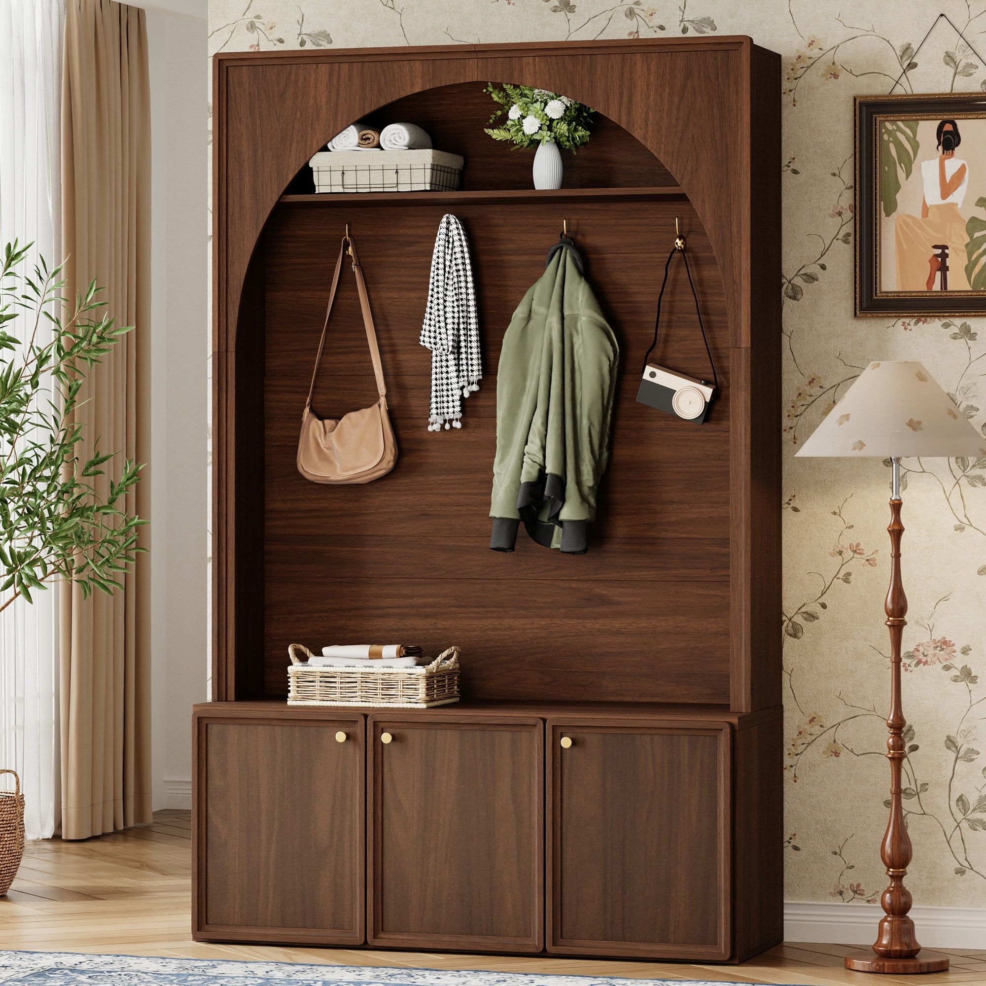 T-Foyer Farmhouse Walnut Hall Tree with 4 Hooks & 3 Cabinets, Wooden Rustic Entryway Organizer with Open Storage