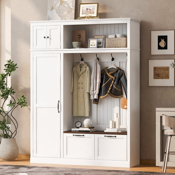 T-Foyer Farmhouse White Hall Tree with 4 Hooks, Bench & Cabinets, Wooden Rustic Entryway Organizer with Open Storage & 2 Drawers