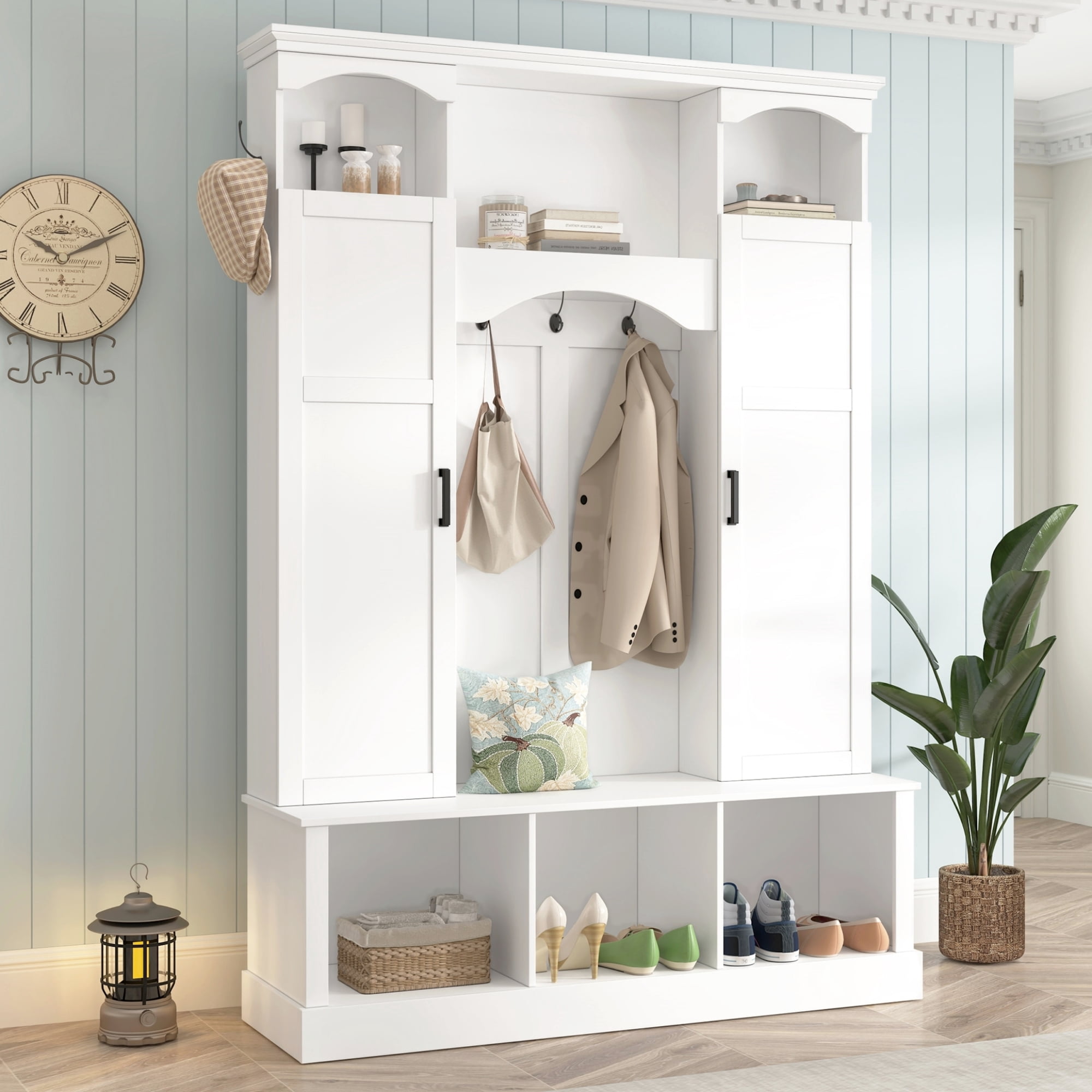 T-Foyer Farmhouse White Hall Tree with 7 Hooks & 2 Cabinets, Wooden Rustic Entryway Organizer with Open Storage & Adjustable Shelves