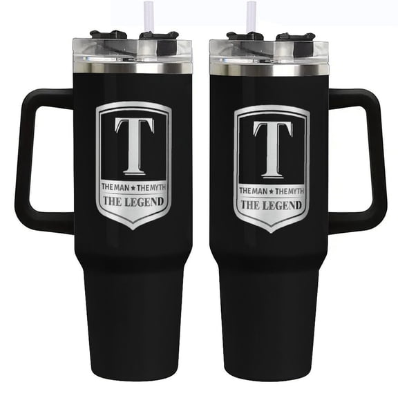(T)Gifts for Men, Initial 40oz Tumbler with Handle And Straw, Best Father's Day Gift, Personalized Birthday Gifts for Men, Dad, Grandpa, Husband,The Man The Myth The Legend Cup for Coffee