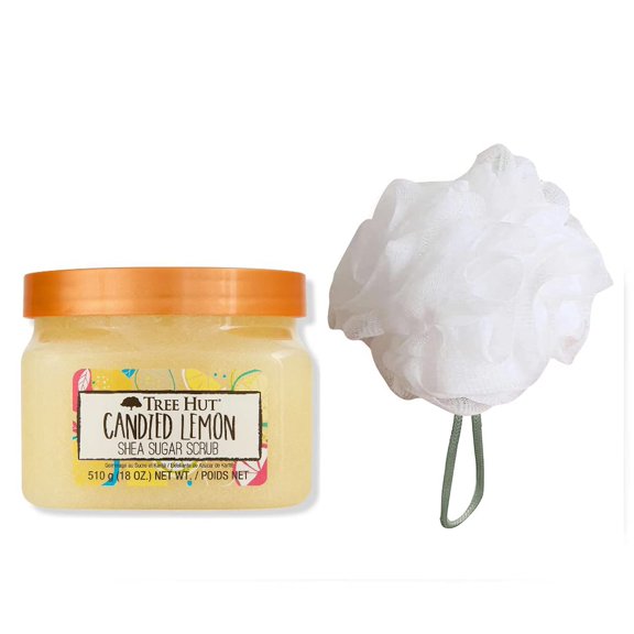 T H Tree Hut Candied Lemon Shea Sugar Scrub Set! Includes Body Scrub and Loofah! Formulated With Real Sugar, Certified Shea Butter And Lemon! Ultra Hydrating and Exfoliating Scrub! (Candied Lemon)