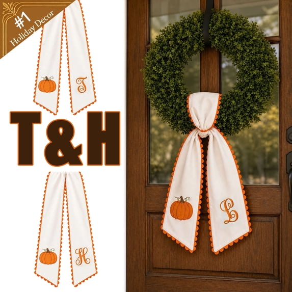 Lace Trimming Pattern T&H Wreath Sash with Lace Trim 2Pack,Pumpkin Monogram Pattern Ribbon ...