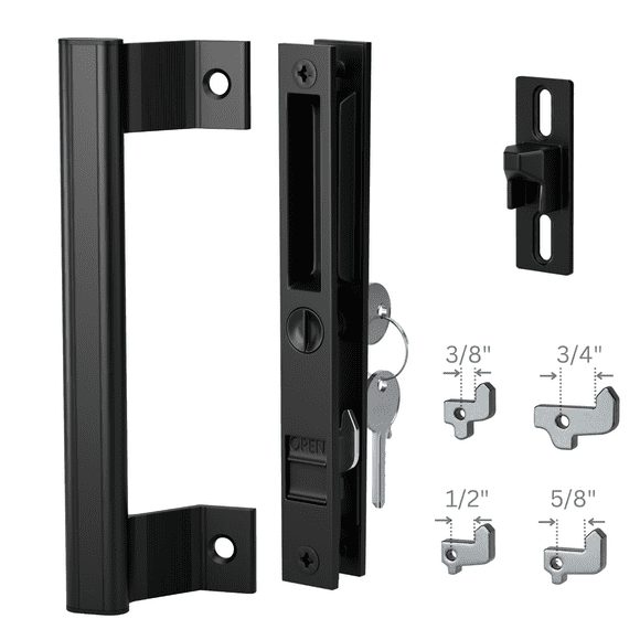 T-HAKEN Sliding Glass Door Handle Set, 6-5/8", Black - Patio Door Handle Replacement That is 1 in. to 1-1/8 in. Thick Used on Both Left and Right-Handed. (Keyed).