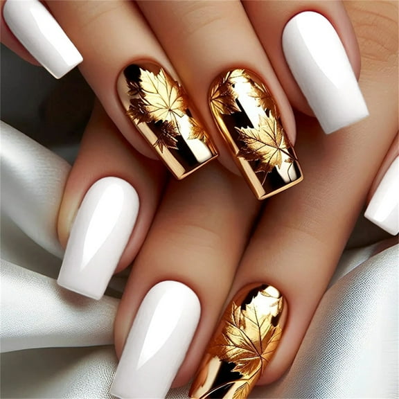 T-HOTLYST 24 Pieces Fall Themed Press On Nail Medium Square Shape White and Gold Glossy Faux Nail with Maple Leaves for Nail Art