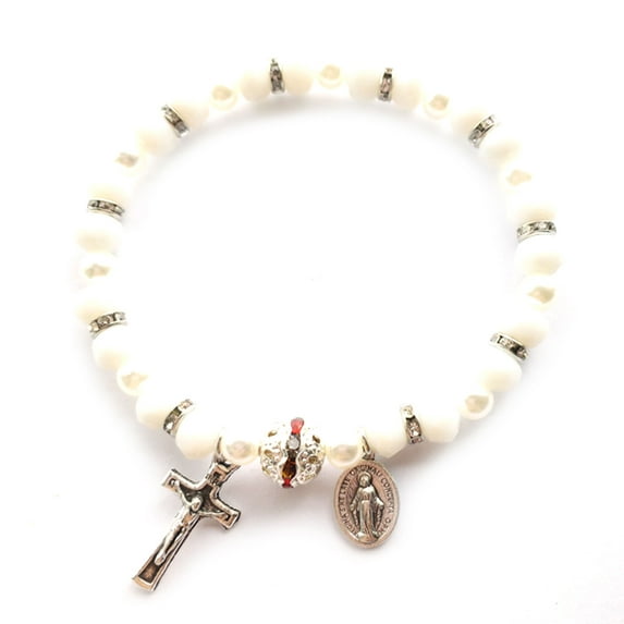 T-HOTLYST Crystal for Cross Bracelet Elastic Beads Stretch Rosary Bracelet with Crucifix and Miraculous Medal for Women Girls Jewe