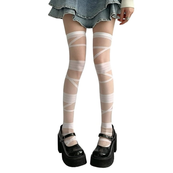 T-HOTLYST Japanese Gothic Silk Over Knee Long Socks for Women JK Girl Crisscross Bandage Pattern Thin Thigh High Stockings Hosiery