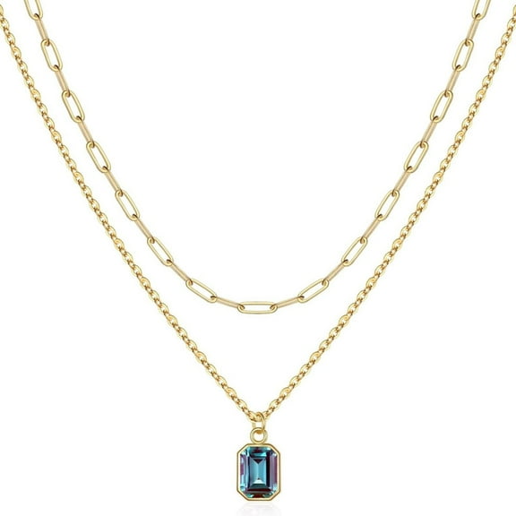 T-HOTLYST Sophisticated 18k Gold Plated Necklace Layered Necklace Showcasing December Birthstones And Elegant Rectangular Design