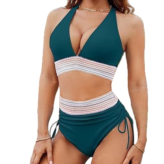 T-HOTLYST Stylish Women High Waist Swimsuit Push Up Swimwear Adjustable Drawstring V Neck Swimwears Tummy Controlled Bathing Suit