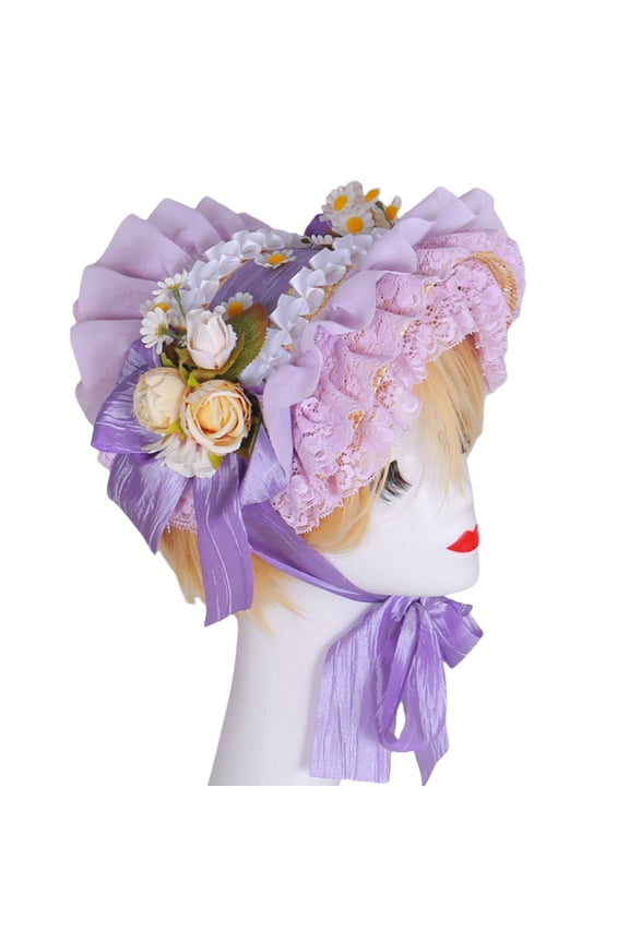 Victorian Lace Designs Straw Bonnet Hat For Women With Ruffled Trim and Rose Flower For Cocktail Party And Cosplay Event