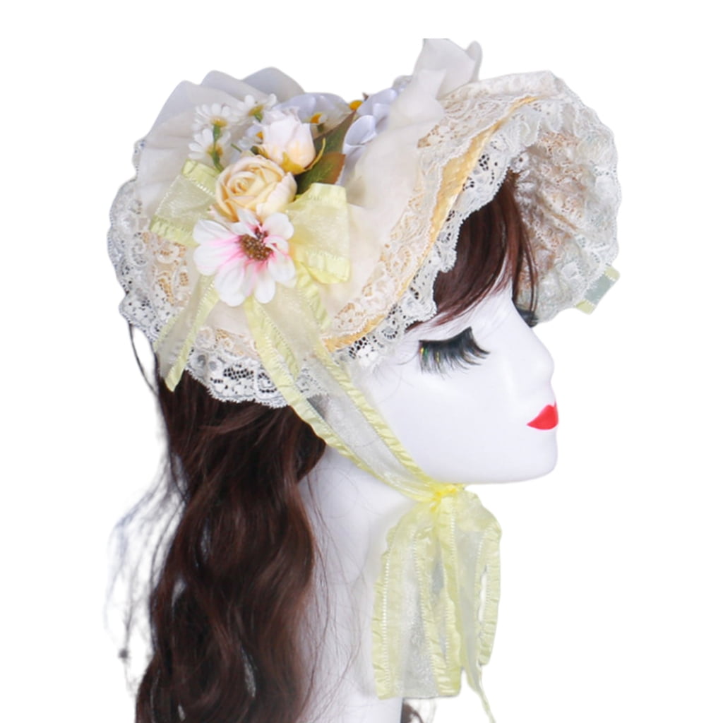 T-HOTLYST Victorian Lace Designs Straw Bonnet Hat For Women With Ruffled Trim and Rose Flower For Cocktail Party And Cosplay Event
