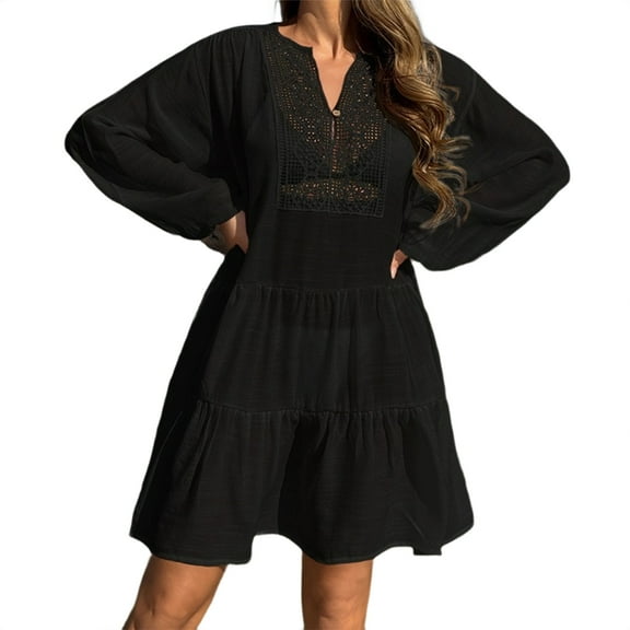 T-HOTLYST Women Beach Dress See Through Dress V-Neck Beach Cover Up Long Sleeves Swing Dress Loose Casual Dress for Beachwear