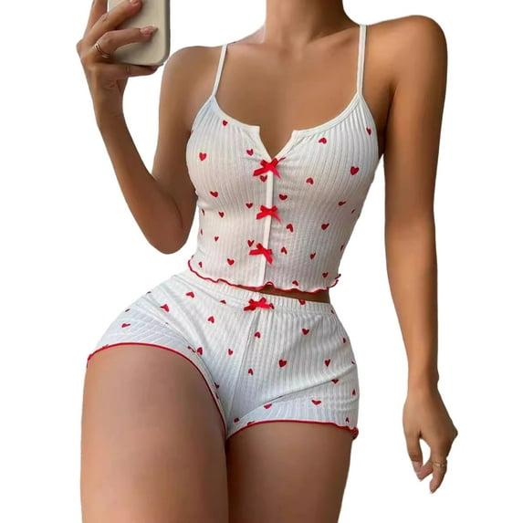 T-HOTLYST Womens Pajamas Sleeveless Summer Lounges Set Heart Printed Nighty Loungewear Soft Tank Top and Shorts Sleepwear Nightwear