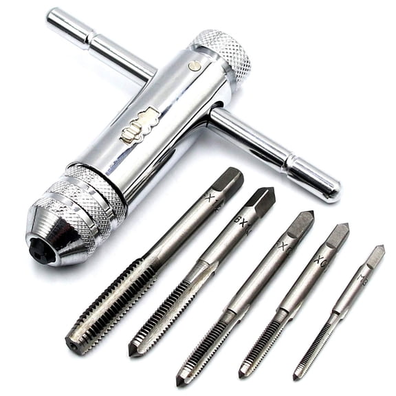T-Hand Ratchet Tap Wrench with 5PCS M3-M8 Metric Taps Alloy Steel Tool
