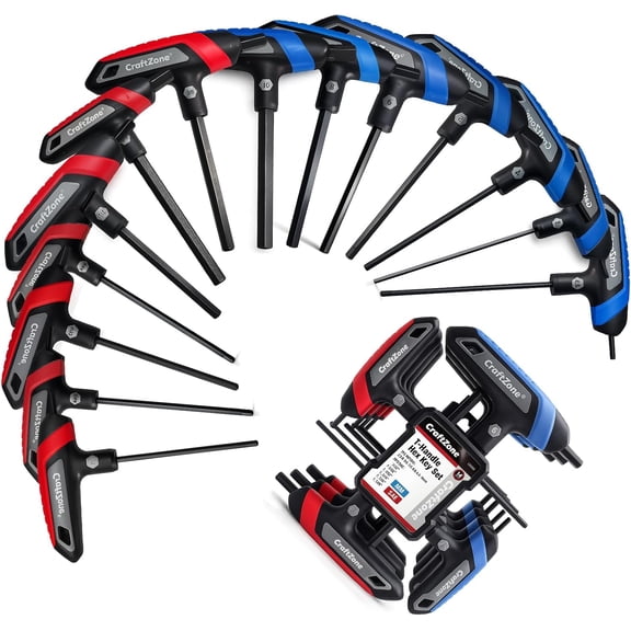 T-Handle Allen Wrench Set, 14 Piece Long Hex Key Set with Rack, Metric and SAE (2.5-10mm and 1/8-3/8”) for Furniture, Bike, Auto, Motorcycle, Model, Machinery Repair