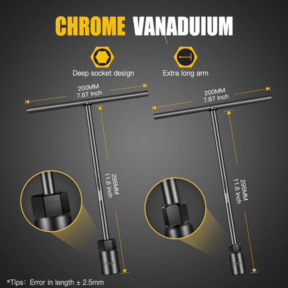 T-Handle Socket Wrench Set, 11PCS Metric Handle Wrenches - 6, 7, 8, 9, 10, 11, 12, 13, 15, 17, 19mm, 6-Point Hex Socket Lug Wrench for Motorcycle Car Bicycle Repair, Chrome Vanadium Steel