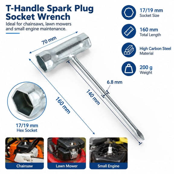 T-Handle Spark Plug Socket Wrench, 160 mm High Carbon Steel Tool for Chainsaw, Lawn Mower and Small Engine Maintenance