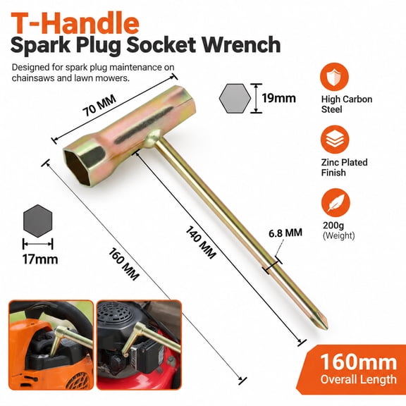 T-Handle Spark Plug Socket Wrench, 17mm and 19mm Sockets, Carbon Steel Tool for Chainsaws and Lawn Mowers, 160mm