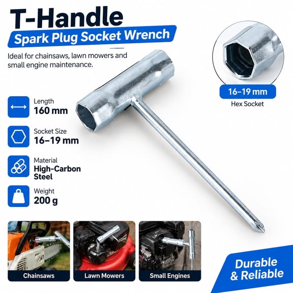 T-Handle Spark Plug Socket Wrench, High-Carbon Steel Tool for Chainsaws, Lawn Mowers and Small Engine Maintenance, 160 mm