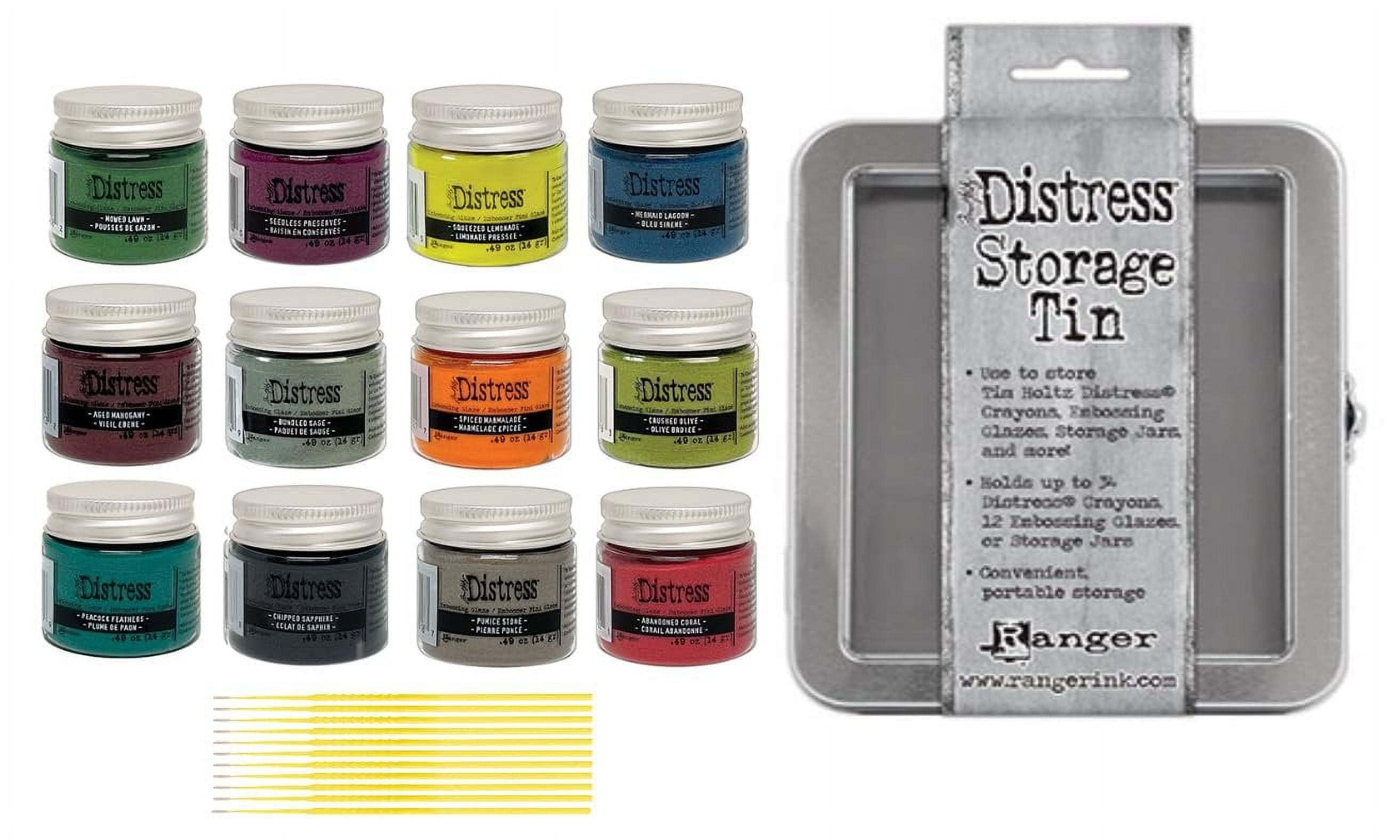Tim Holtz Ranger Distress Embossing Glaze Bundle - 12 Embossing Glaze Colors with Distress Storage Tin and Trebbies Detail Blending Sticks Set #2
