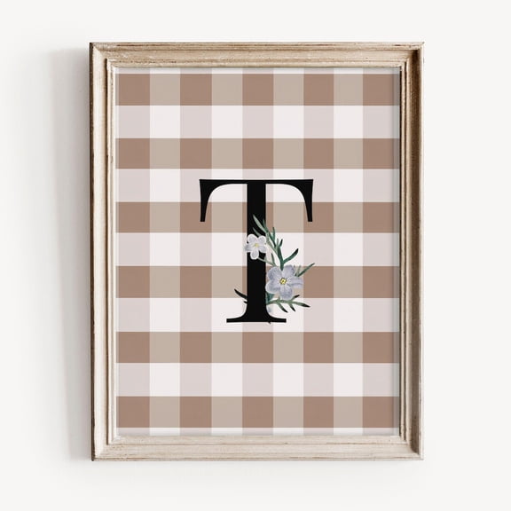 T Initial Print, Rustic Monogram With Pastel Blue Flowers, Vintage Botanical Art, Farmhouse Decor, Home Decor #1738, Unframed Canvas Size 16x24