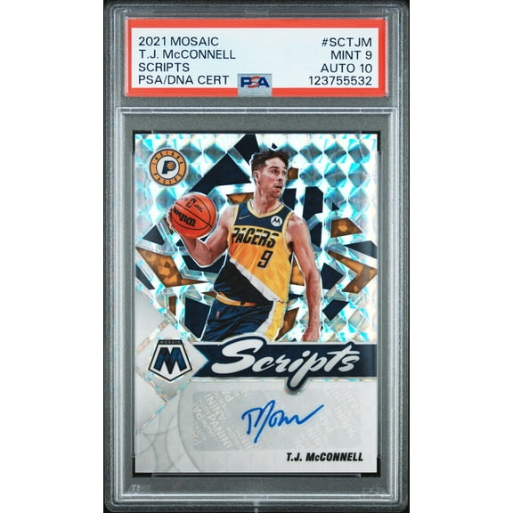 T.J. McConnell 2021 Mosaic Scripts Signed Basketball Card #SCTJM Graded PSA 9 Auto 10 Cert # 123755532