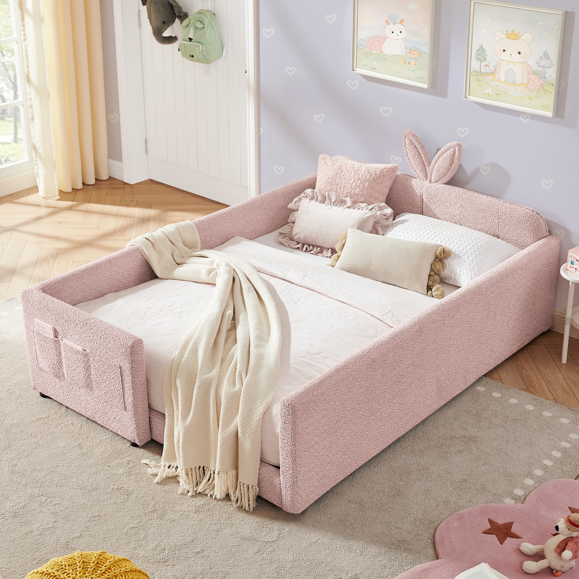 T-Joy Cute Kids Bed with Rail and Pocket, Boucle Wooden Platform Bed with Rabbit Ear, Full Size, Pink