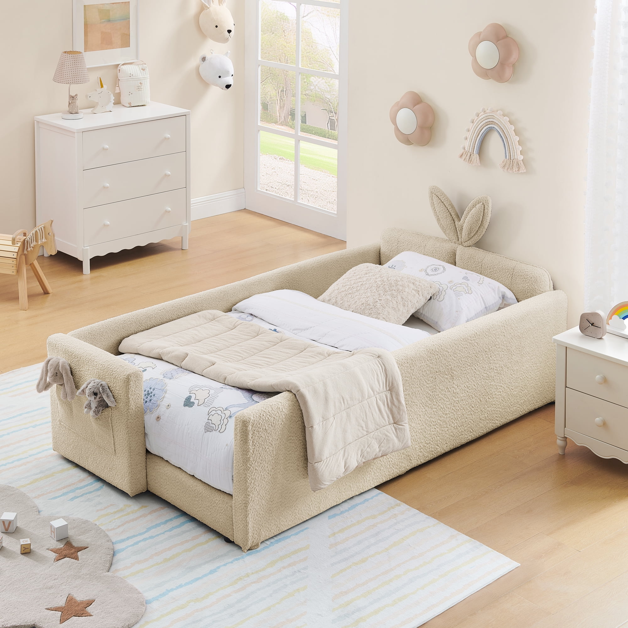 T-Joy Cute Kids Bed with Rail and Pocket, Boucle Wooden Platform Bed with Rabbit Ear, Twin Size, Camel