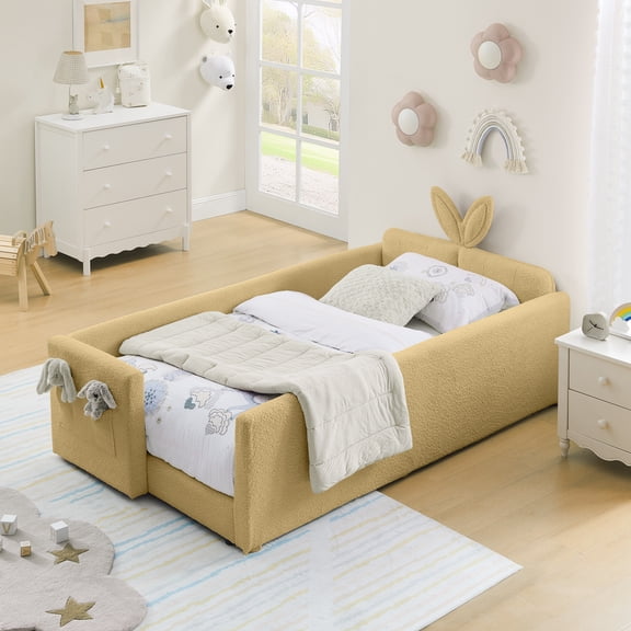T-Joy Cute Kids Bed with Rail and Pocket, Boucle Wooden Platform Bed with Rabbit Ear, Twin Size, Yellow
