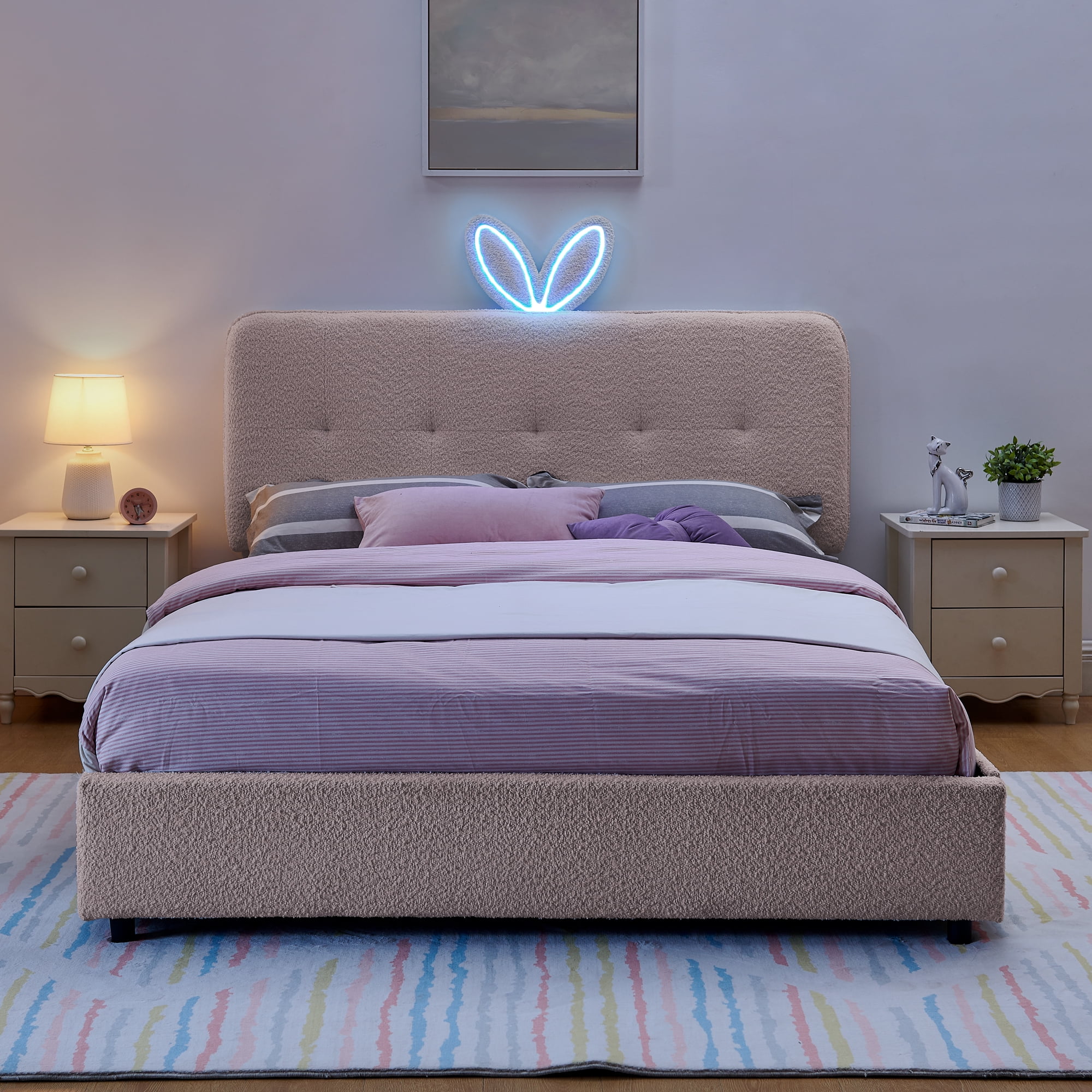 T-Joy Cute Upholstered Kids Bed with 4 Storage Drawers, Boucle Wooden Platform Bed with Rabbit Ear LED Light, Queen Size, Pink