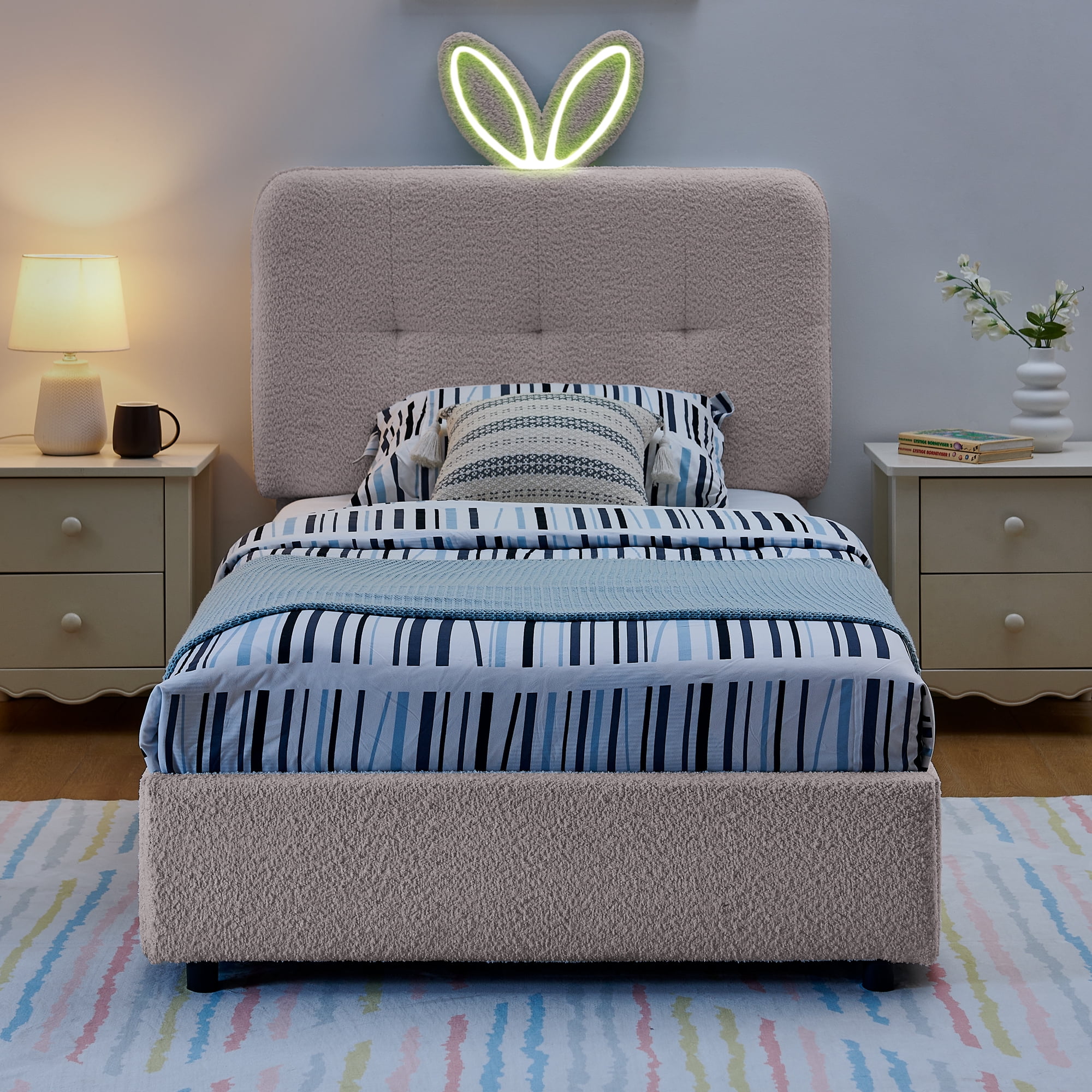 T-Joy Cute Upholstered Kids Bed with 4 Storage Drawers, Boucle Wooden Platform Bed with Rabbit Ear LED Light, Twin Size, Pink