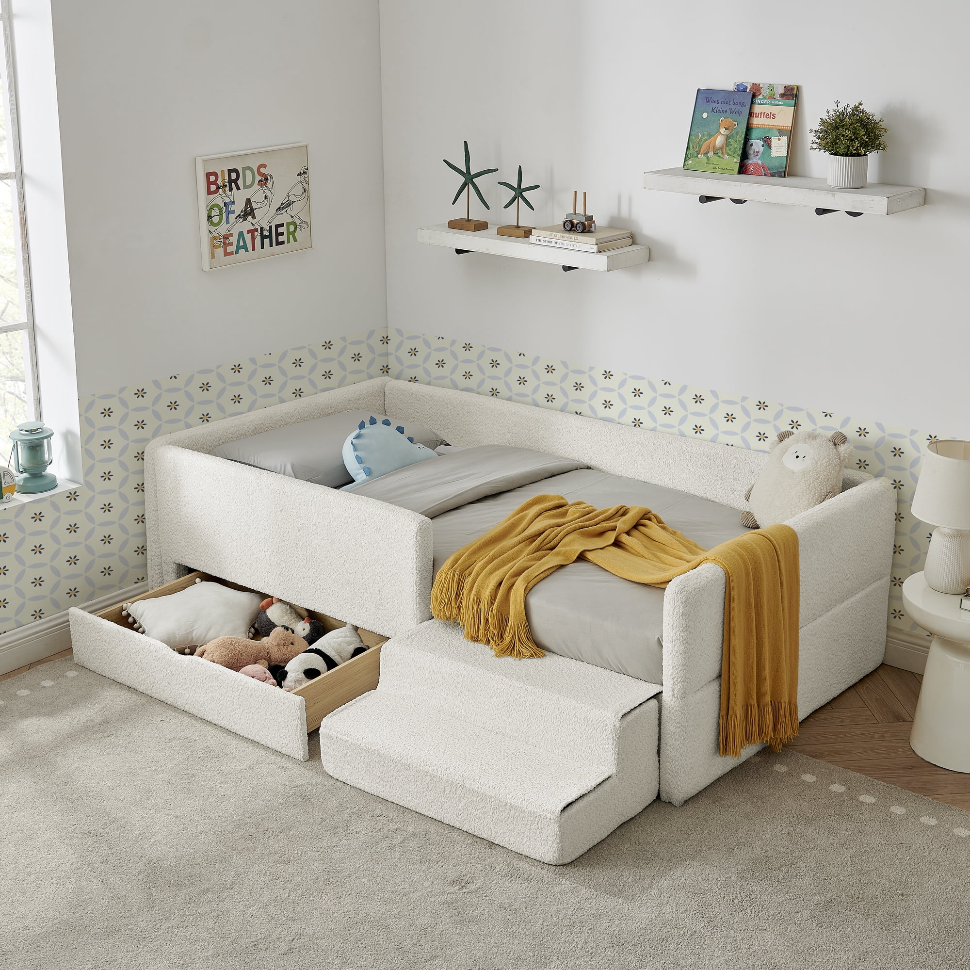 T-Joy Multi-Functional Kids Bed with Guardrails and Storage, Boucle Wooden Platform Bed with Safety Step Stool, Twin Size, Beige